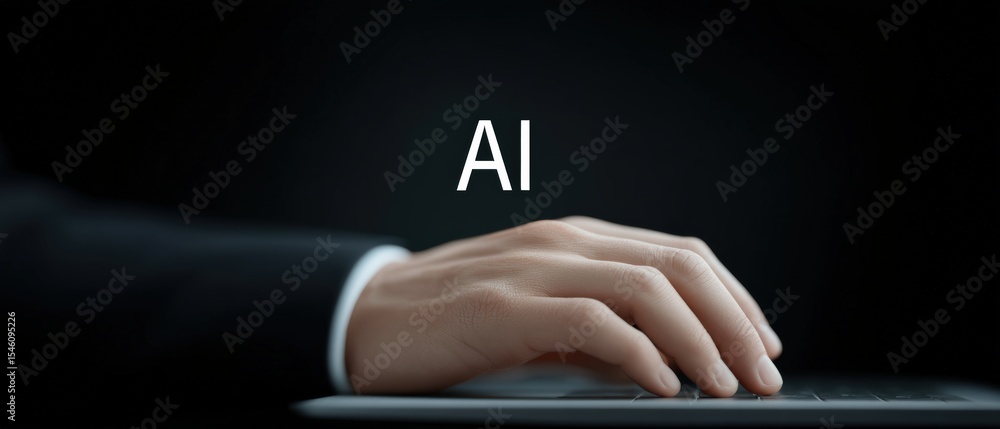 Poster ai technology advancements digital workspace image of hand on keyboard dark environment close-up per