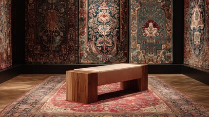 neutral-toned podium on colorful traditional tapestry rug 