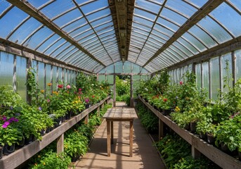 Fototapeta premium Bright and Lush Greenhouse Interior with Vibrant Colorful Flowers and Plants Under Clear Glass Roof in Natural Light at Botanical Garden Environment