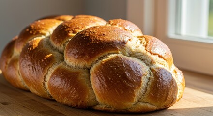 Freshly Baked Golden Brown Challah Bread on Wooden Counter with Soft Light and Shadow Effects