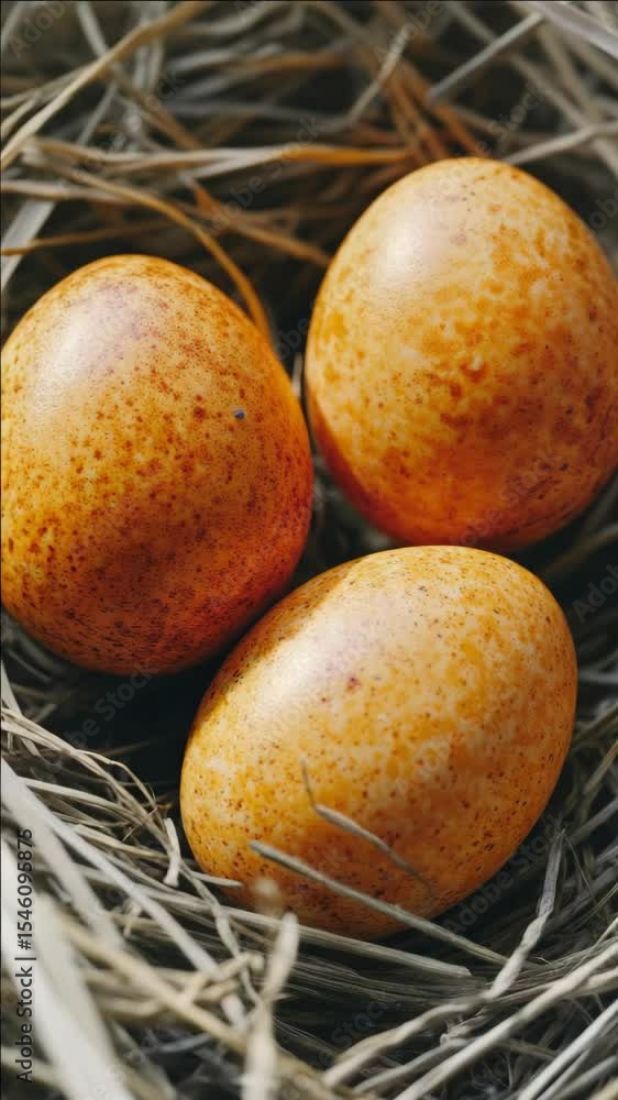 Poster three eggs are sitting in a nest made of straw. the eggs are orange and appear to be freshly laid. t