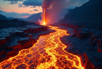 Molten Lava River Flows Down Volcanic Terrain At Twilight Natural Disaster Hot Magma