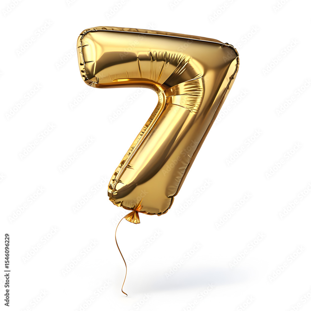 Fototapete a balloon shaped like the number 7 ,gold metallic finish with realistic reflections and smooth textu