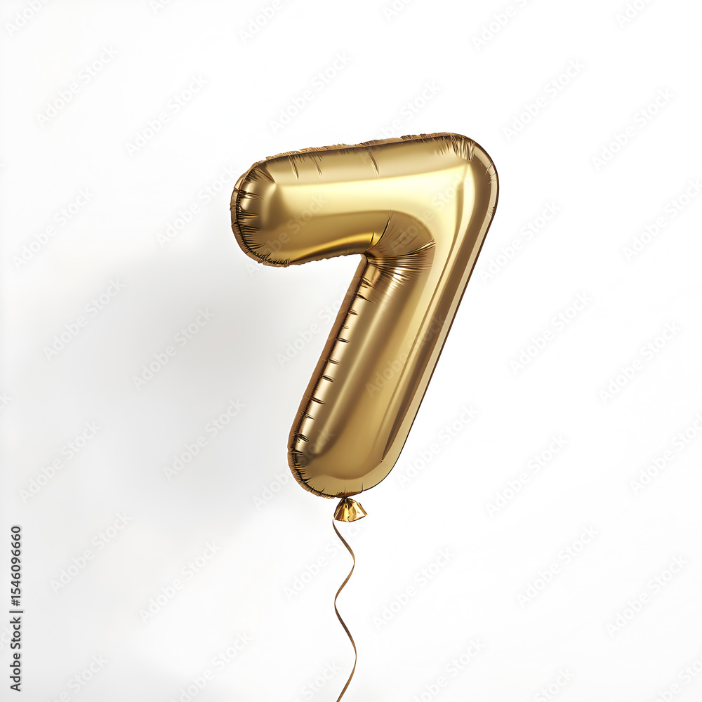 Fototapete a balloon shaped like the number 7 ,gold metallic finish with realistic reflections and smooth textu