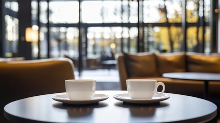 Common settings of cafe interior with a pair of coffee cups on a small table