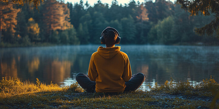 A person sits by a tranquil lake, headphones on, finding peace and serenity in nature.