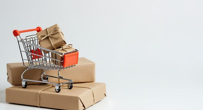 Small shopping cart with brown paper packages on white background