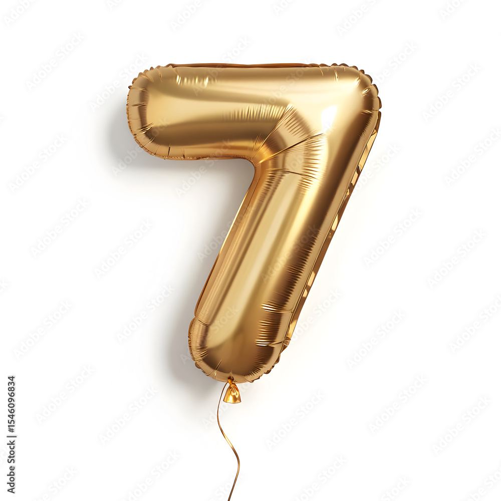 Fototapete a balloon shaped like the number 7 ,gold metallic finish with realistic reflections and smooth textu