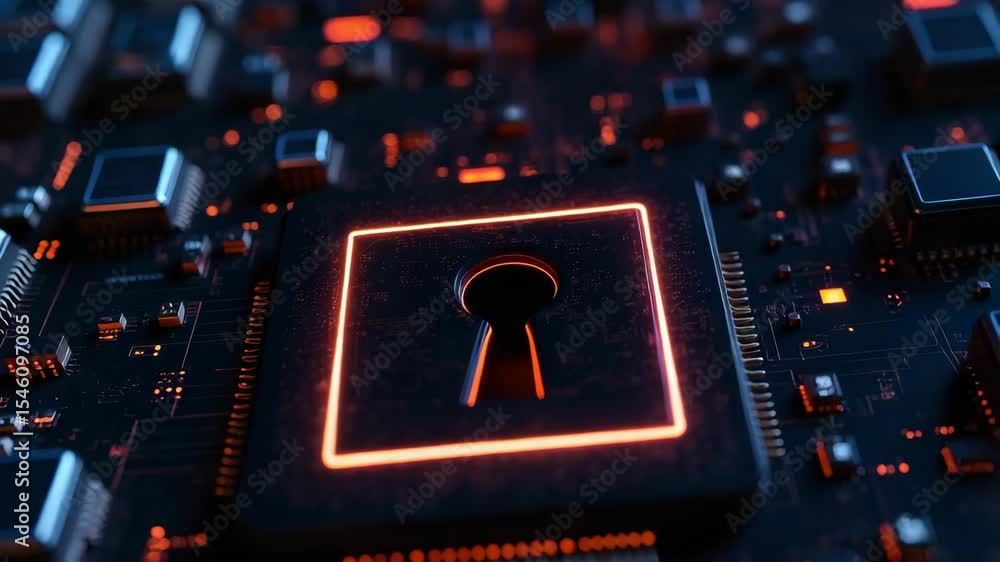 Aufkleber key chip technology concept ,digital security concept glowing keyhole microchip circuit board techno