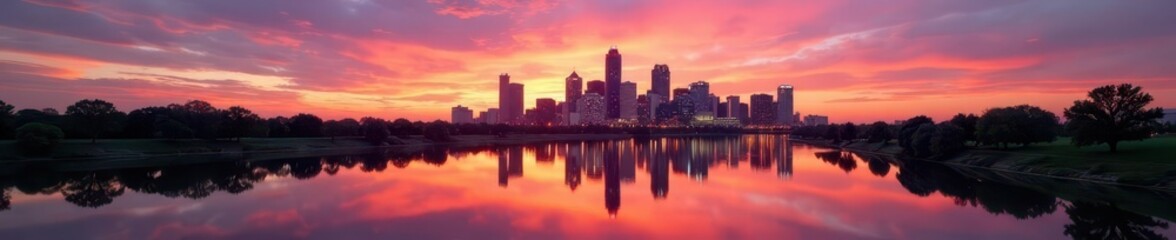 Fototapeta premium Dallas skyline mirrored in calm Trinity River sunset waters, clouds, golden hour