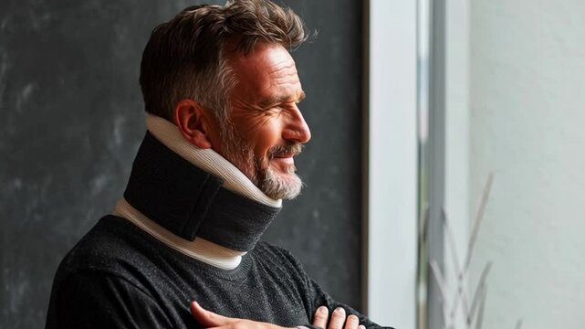 The supportive brace around his neck hints at recent trauma, as he focuses on rest and recovery.
