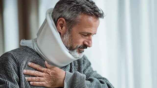 The supportive brace around his neck hints at recent trauma, as he focuses on rest and recovery.
