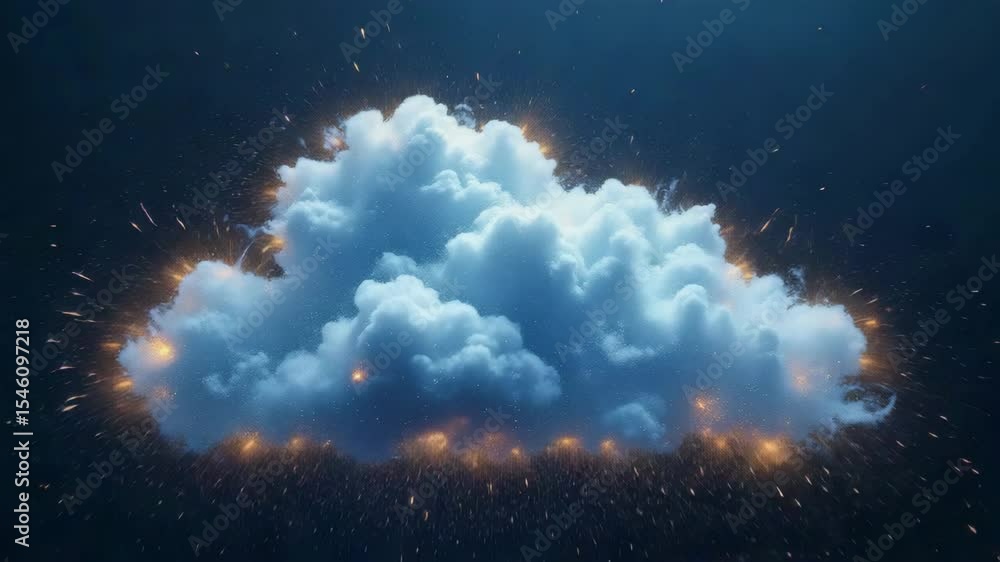 Poster key chip technology concept ,fluffy cloud glowing sparks fiery edges floating dark sky creating magi