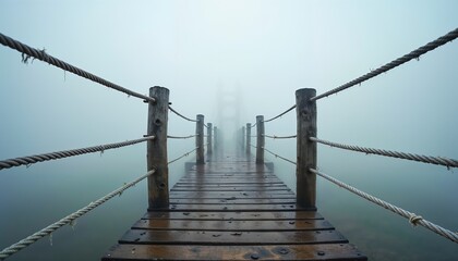 Naklejka premium A wooden pier extends into a foggy lake. The scene is tranquil with mist enveloping the surroundings, creating a serene atmosphere.