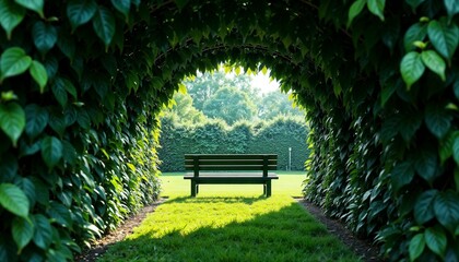 Obraz premium A green archway formed by lush leaves leads to a grassy area with a wooden bench. The scene is tranquil and inviting, perfect for relaxation.
