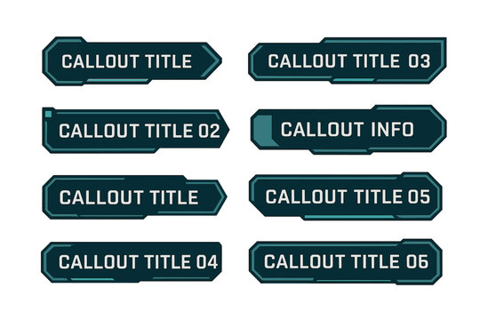 The HUD, UI, and GUI interface elements include a set of Vector Callout Titles, along with futuristic callout bar labels and information call box bars, as well as modern digital info boxes layout