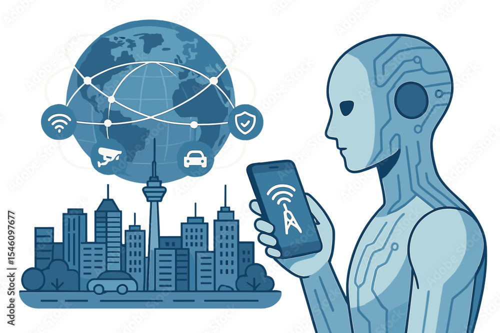 Poster the image depicts a smart city connected to the planet via a global mobile internet accessed through
