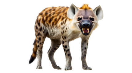 A spotted hyena standing with visible teeth on on transparent background png