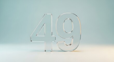 Transparent glass number forty nine standing on plain surface with soft lighting and minimalistic background