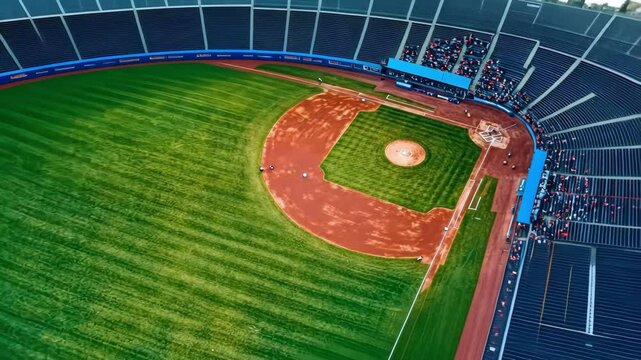 Aerial view of an empty baseball field with lush green grass
