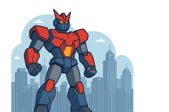 A mighty robot warrior with clenched fists stands against a backdrop of modern city skyscrapers in a cartoon vector illustration, embodying the concept of an alien soldier defending the metropolis