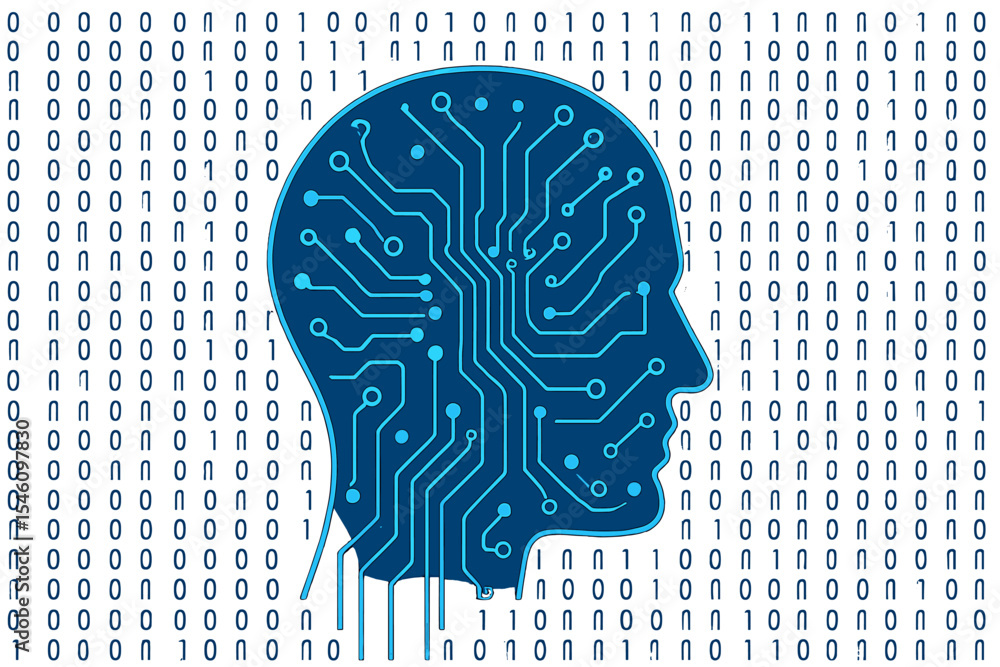 Poster the concept of big data and the market is represented by a human face outline filled with circuit bo