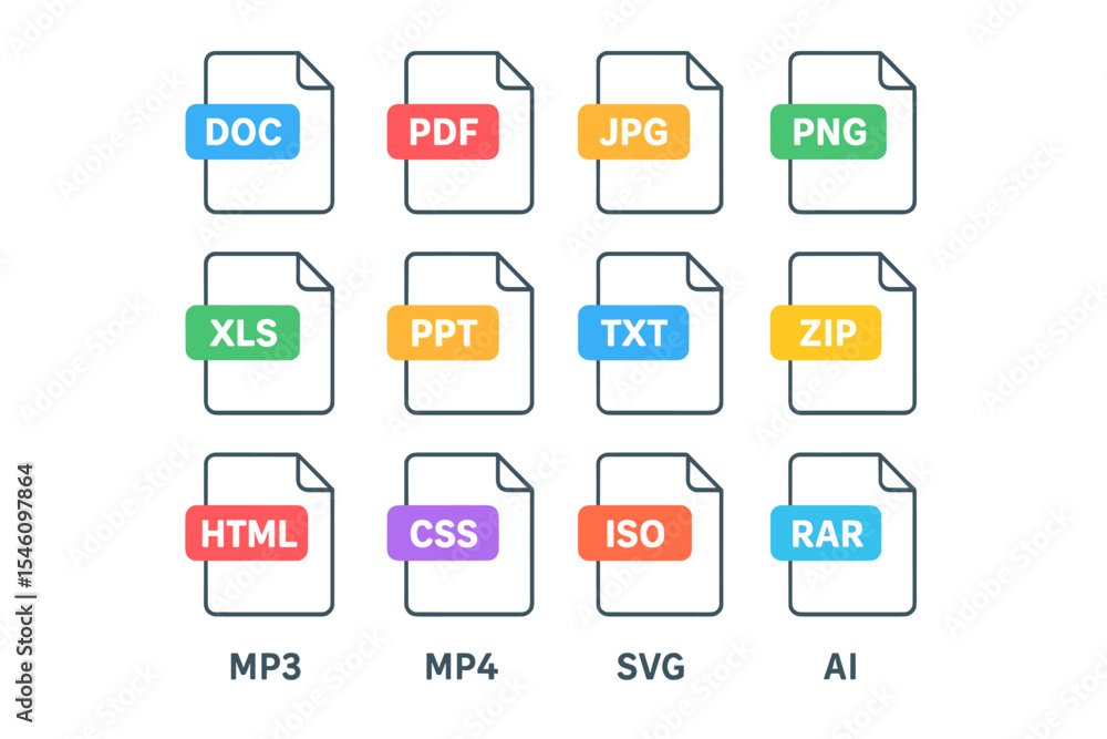 Poster icons representing various file types and formats are depicted in a flat design style, along with do