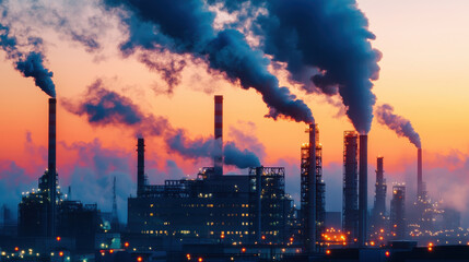 Obraz premium Industrial landscape with smokestacks emitting smoke against colorful sunset sky, highlighting environmental concerns and pollution