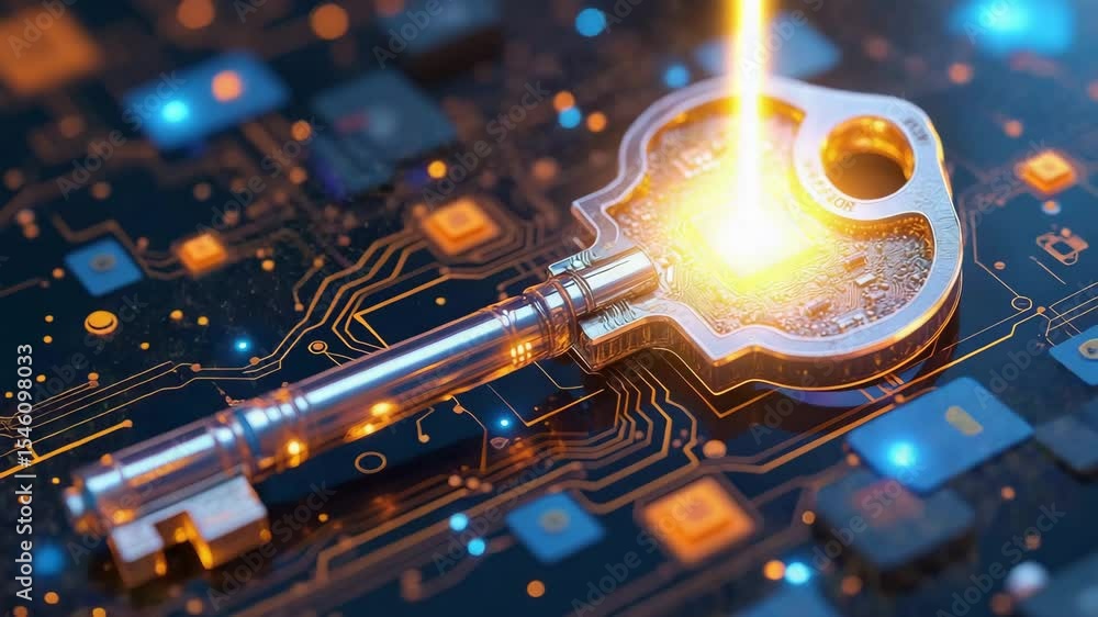 Poster key chip technology concept ,digital key glowing circuit board symbolizing cybersecurity data protec
