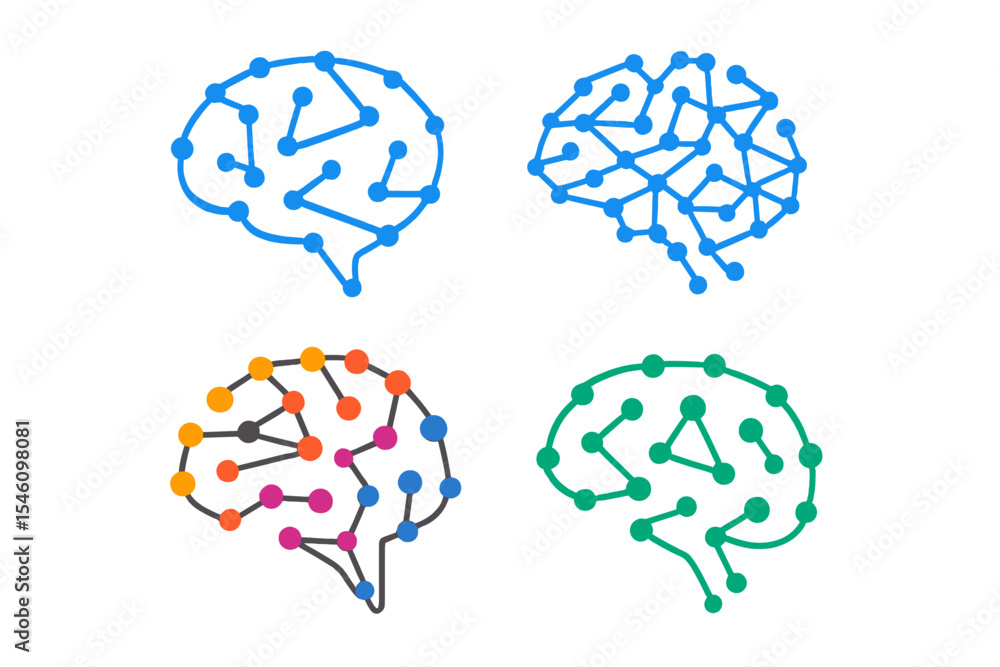 Poster concept of abstract dots and lines forming brain-inspired logotypes for innovative science and techn