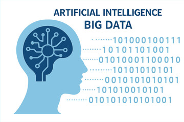 The concept of   and big data, featuring a machine cyber mind and a human face with binary data flow, set against a technology vector background