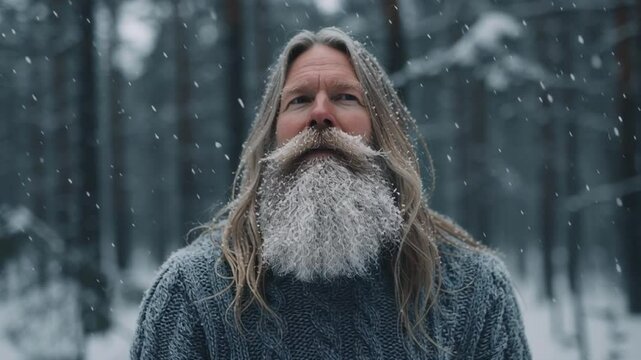 A man with a snowy beard and sweater blends into the quiet beauty of the snow-covered forest landscape.
