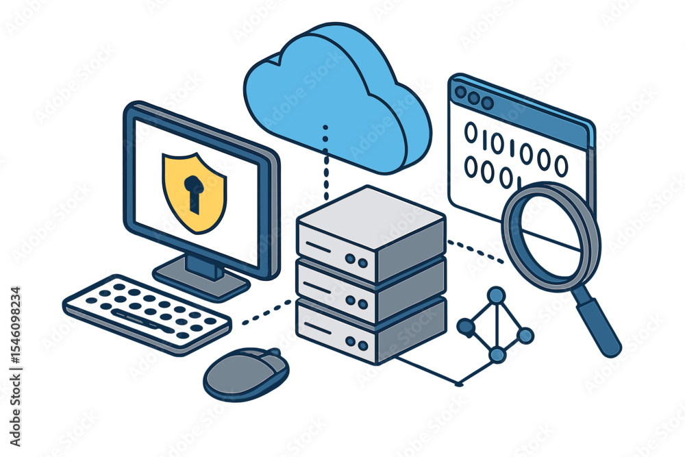 Poster isometric 3d illustration of cloud server security program and network concept in a flat style