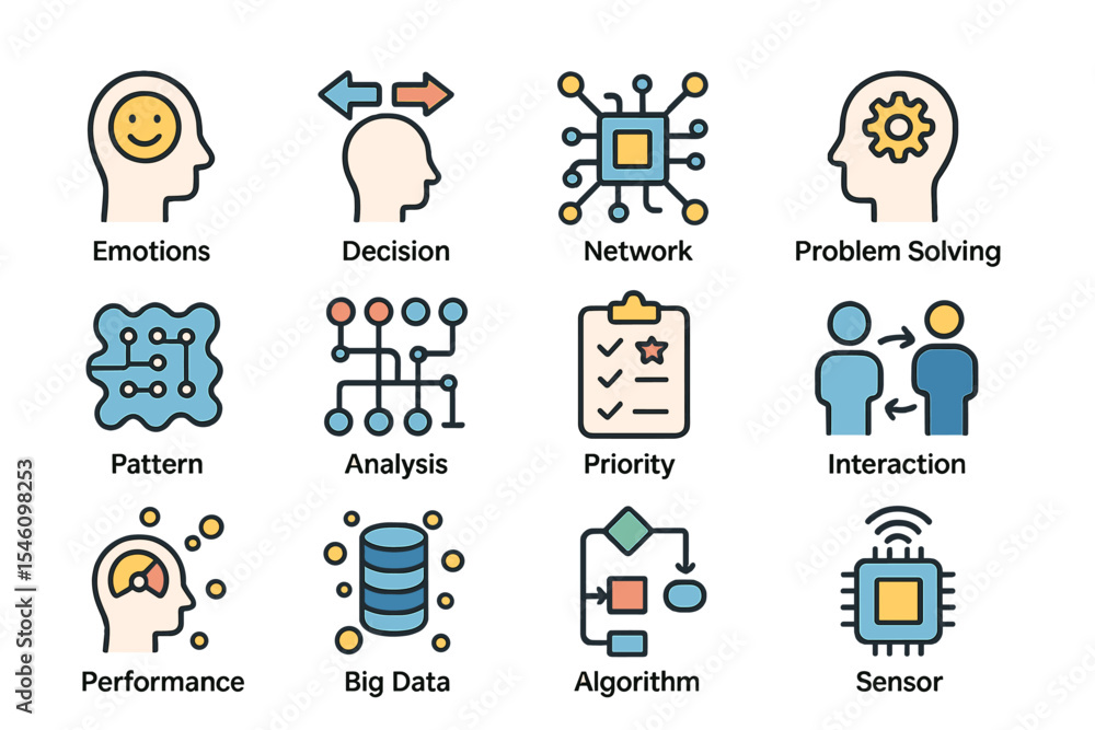 Poster a set of intelligent machine learning vector icons is available, featuring symbols for emotions, dec