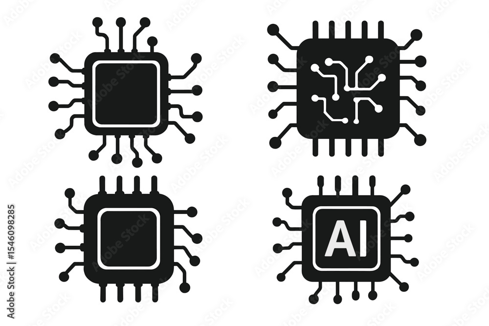 Aufkleber vector silhouette set of a computer or ai chip circuit board icon