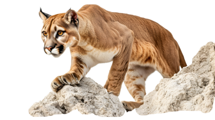 A cougar standing on rocks looking forward on on transparent background png