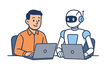 A man and a robot are seated together with computers in a workplace, symbolizing a future  workforce in a flat vector illustration that represents friendship, AI, cooperation, and digital