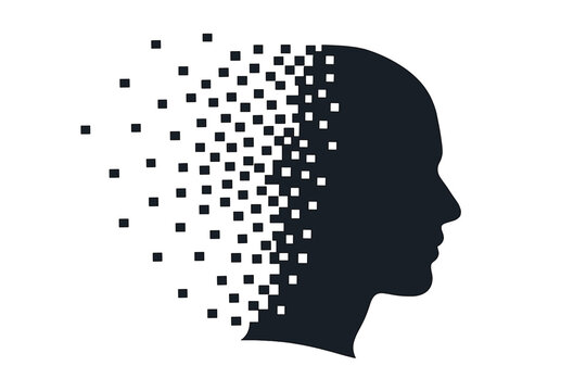 A man's head is represented as a vector silhouette derived from pixel transformation, set against a conceptual background of human future and technology