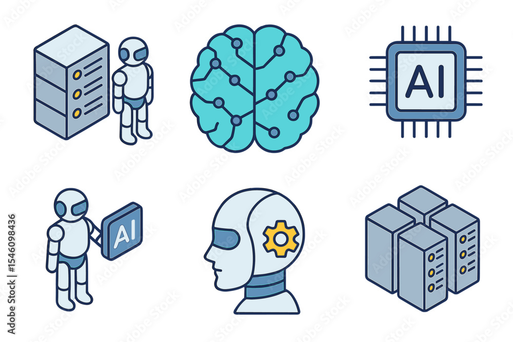 Poster isometric . digital brain neural network, ai servers and robots technology, artificial bot mind and 