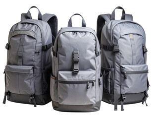 Fototapeta premium - Three Black Hiking Backpack with Pockets and Clips, isolated on transparent background.