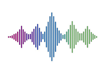 Vector illustration representing sound, voice, and music, featuring an abstract motion sound wave equalizer in purple, blue, and green hues, isolated on a black background