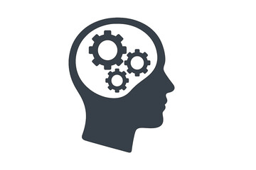 Logo of human head with tech gear, Cogwheel engineering and technology inside the brain, , Simple flat design icon symbol, Isolated on a white background, Vector illustration