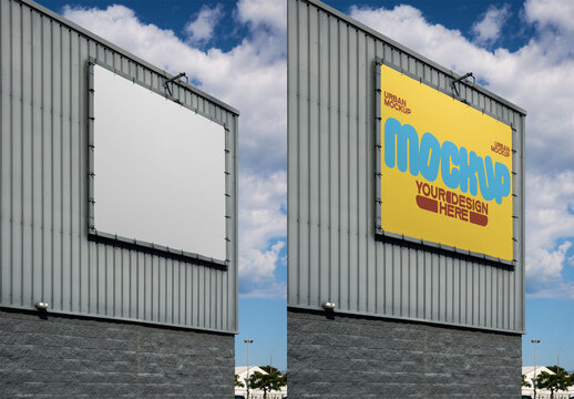Storefront Poster Ad Mockup. A blank poster mockup is mounted on a building's exterior, ready for a vibrant advertisement to attract customers during the day.