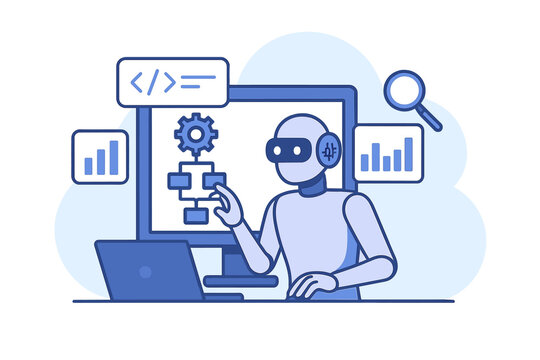 illustration develops and implements machine learning programs while examining input data, creating vector designs for various platforms