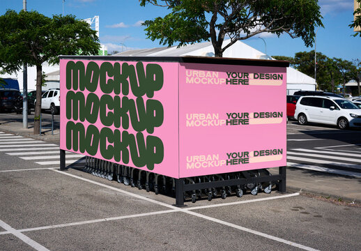 A covered shopping cart corral is visible in a parking lot, providing storage for carts. PSD mockup template