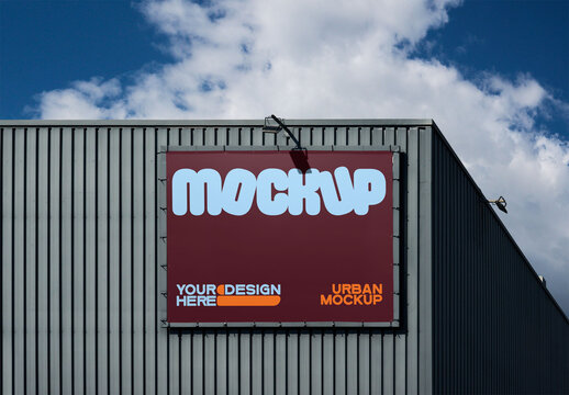 A blank billboard mockup is displayed on a modern building's facade under a blue sky. 
