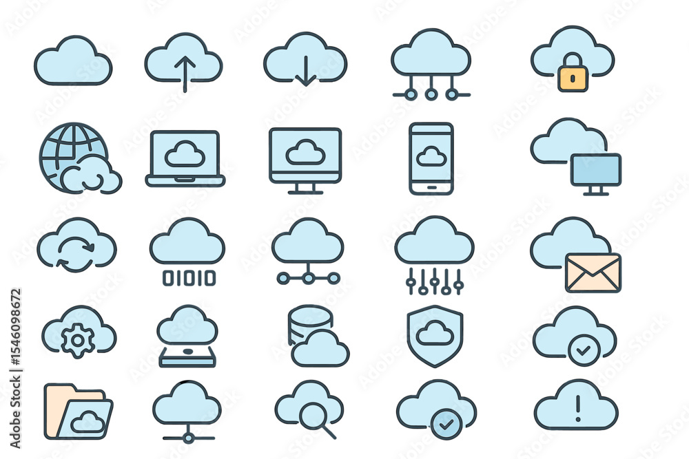 Poster a large collection of cloud computing line icons is available, including cloud, computer, internet, 