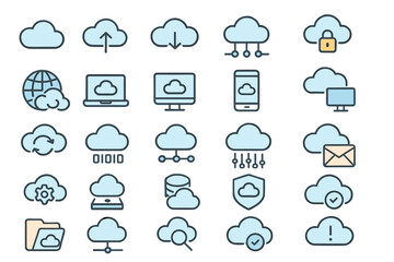Fototapeta premium A large collection of cloud computing line icons is available, including cloud, computer, internet, network, and web, all with editable strokes