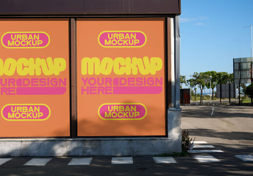Outdoor Advertising Poster Mockup. Display features a blank storefront poster mockup ready for custom designs in an outdoor location, ideal for business promotion.