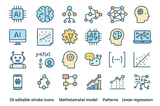 A collection of machine learning icons is available, featuring 25 editable stroke icons for , neural networks, mathematical models, patterns, chatbots, and linear regression in data science and